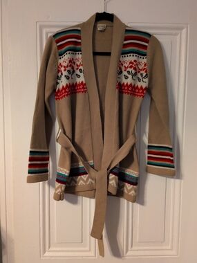 Beige Fair Isle Belted Cardigan Sweater - Women